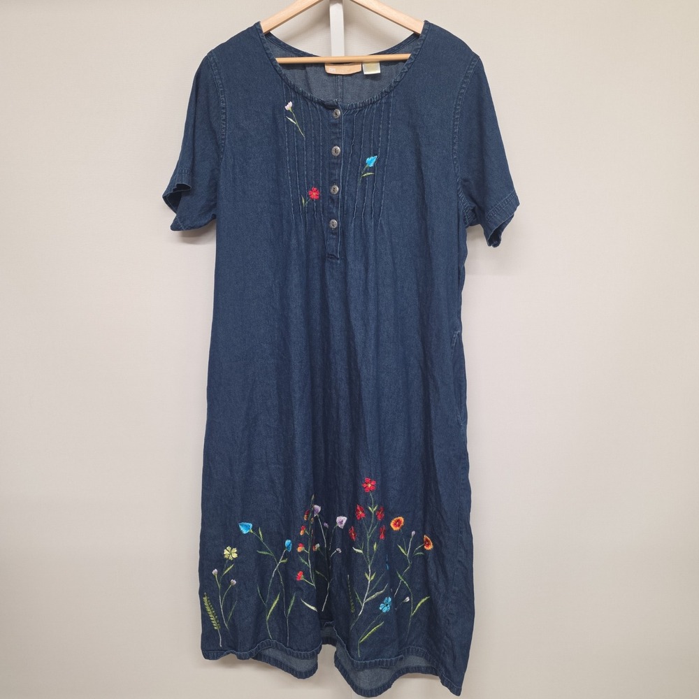 La Cera Vintage Denim Embroidered Floral Midi Dress Blue Cotton Large Pocket